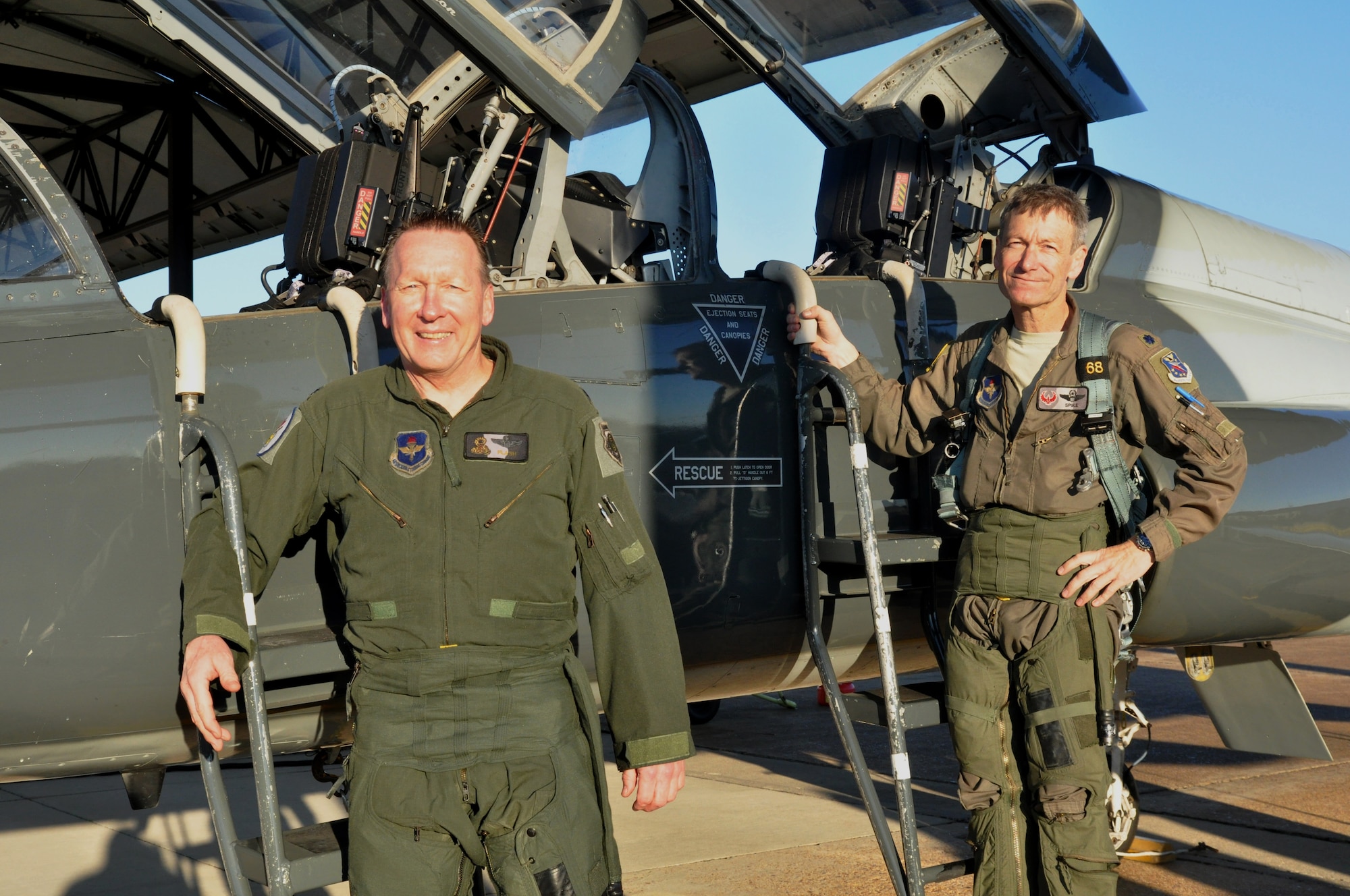 Lt. Col. Gordon Kimpel and Lt. Col. Bruce Benyshek, 50th Flying Training Squadron, stand beside the T-38C Talon that they flew Kimpel’s final flight in on Feb. 8.  This was Kimpel’s last flight before retiring from active duty, after being voluntarily recalled to active duty.  (U.S. Air Force Photo/Sonic Johnson)
