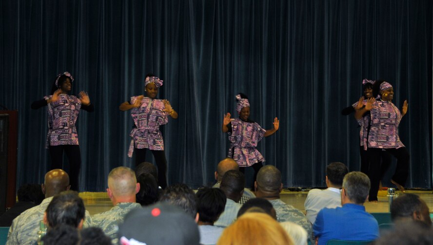 The Hope Well Missionary Praise Dancers perform an African tribal dance during an African-American Heritage Celebration and Gospel Concert at Homestead Job Corps Feb. 8. Several types of performers came together for the event to recognize African-American History month. The event featured dancers, spoken word artists, musical and vocal soloists, poem recitations, and narratives on African-American history. (U.S. Air Force photo/Senior Airman Jaimi Upthegrove)