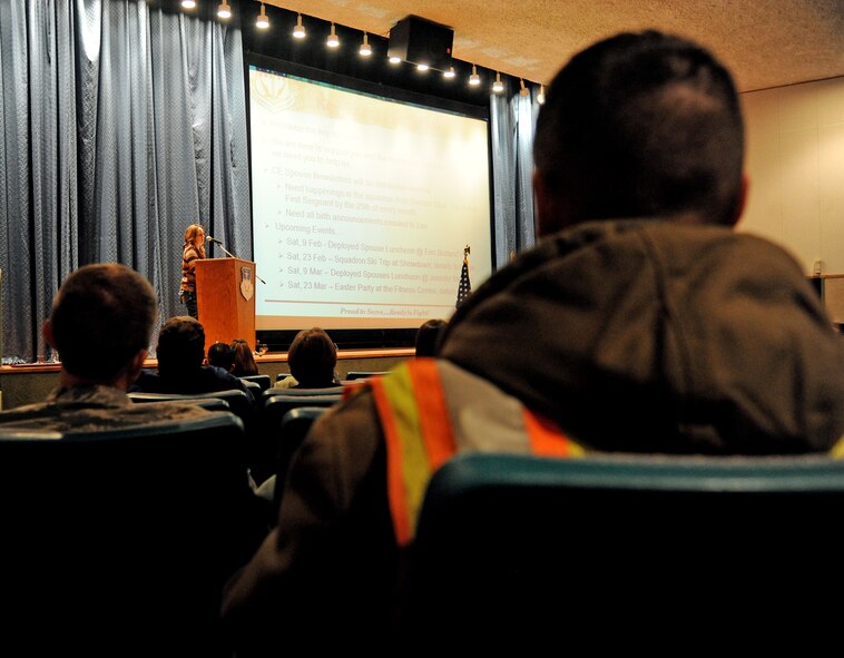 Jenn Meyer, a 341st Civil Engineer Squadron Key Spouse, discusses all the scheduled 341st CES Key Spouse Program events during a commander's call Feb. 7 at the base auditorium. Key Spouses help connect other spouses with information and provide peer-to-peer support. Spouses interested in becoming a Key Spouse or getting linked up with one should contact their spouse's unit first sergeant. (U.S. Air Force photo/Staff Sgt. R.J. Biermann)