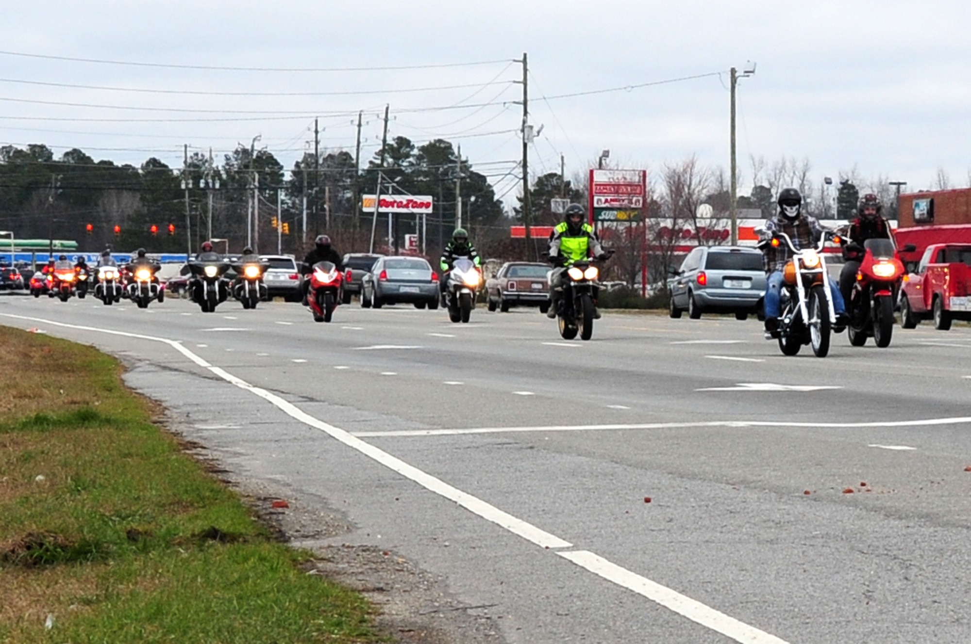 A group of motorcyclists ride to raise money for a family stationed at Seymour Johnson Air Force Base, N.C., Feb. 8, 2013. Riders were asked to donate money for the family after a house fire several weeks ago. (U.S. Air Force photo/Airman 1st Class Mariah Tolbert/Released)