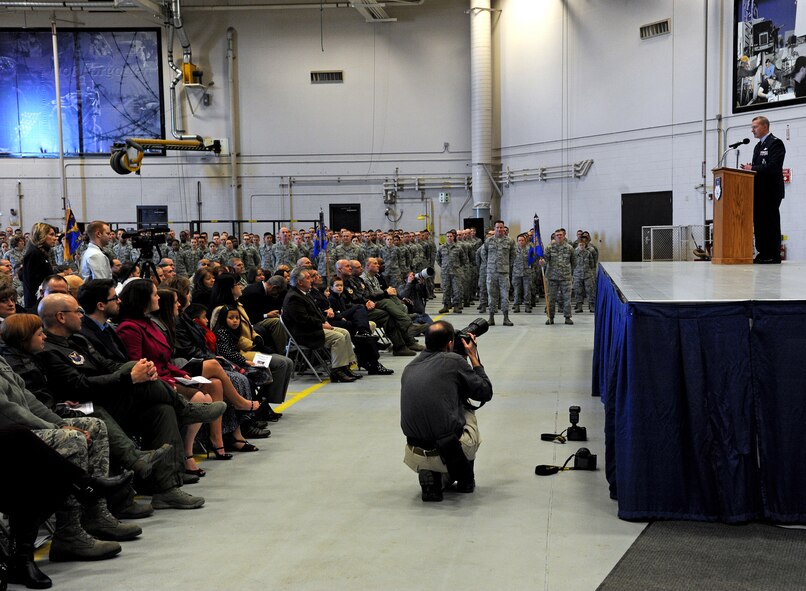 Col. Robert Stanley, newly appointed 341st Missile Wing commander, addresses the audience during a change of command ceremony Feb. 8 at the 3-Bay Hangar. Since assuming command, Stanley has held four commander’s calls to outline his commitments to and expectations from Wing One members. (U.S. Air Force photo/Staff Sgt. R.J. Biermann)