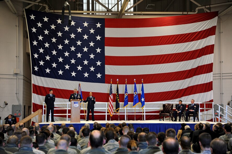 Maj. Gen. Michael Carey, 20th Air Force commander, begins the 341st Missile Wing change of command ceremony Feb. 8 at the 3-Bay Hangar. Col. Robert Stanley, newly appointed 341st MW commander, became the 35th commander in wing history, succeeding Col. H.B. Brual. (U.S. Air Force photo/Staff Sgt. R.J. Biermann)