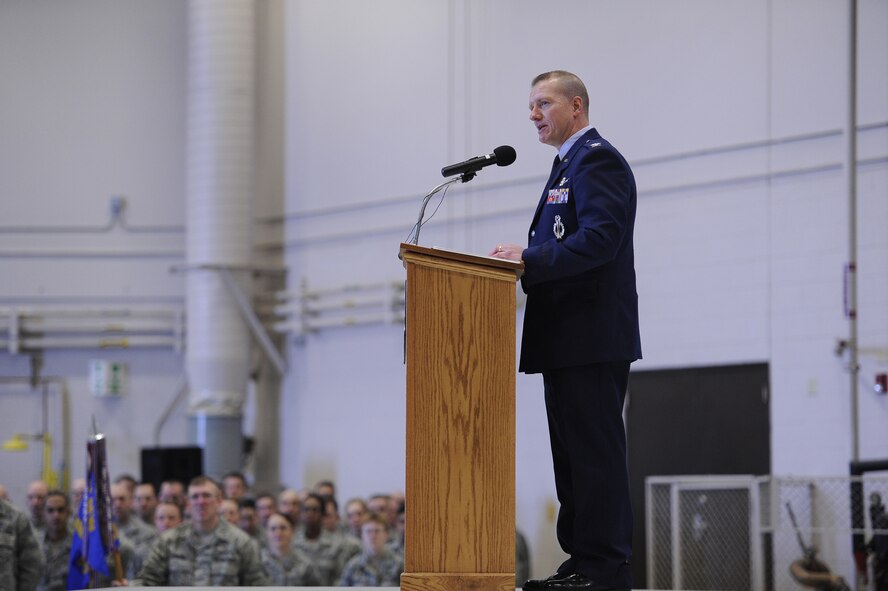 Col. Robert Stanley, newly appointed 341st Missile Wing commander, addresses the audience during a change of command ceremony Feb. 8 at the 3-Bay Hangar. Stanley became the 35th commander in the wing’s history, succeeding Col. H.B. Brual. (U.S. Air Force photo/Airman 1st Class Katrina Heikkinen)