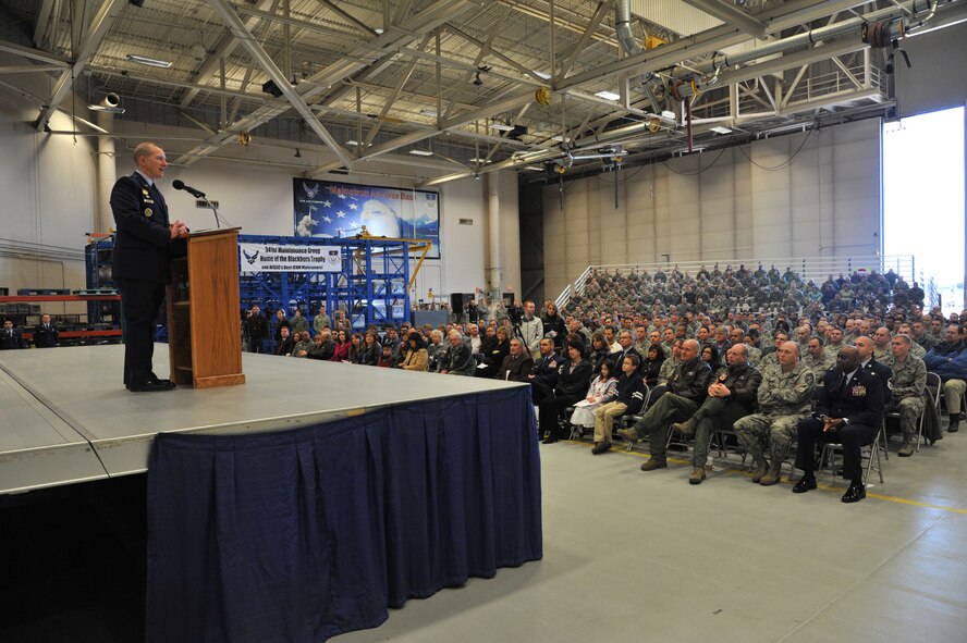 Col. Robert Stanley, newly appointed 341st Missile Wing commander, addresses the audience during a change of command ceremony Feb. 8 at the 3-Bay Hangar. “Now my attention turns 100 percent to the nuclear Airmen of Malmstrom Air Force Base,” he said. “It would be impossible for me to try to impart to you how important you are to me, this country and the world.” (U.S. Air Force photo/John Turner)