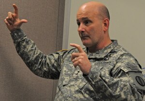 Maj. Gen. Bill Hix, Training and Doctrine Command's director of the Concepts Development and Learning Directorate, discusses the Army's plans for 2020 and beyond, during the TRADOC-sponsored Winter Wargame Unified Quest 2013, Feb. 14, 2013. (U.S. Army courtesy photo/Released)