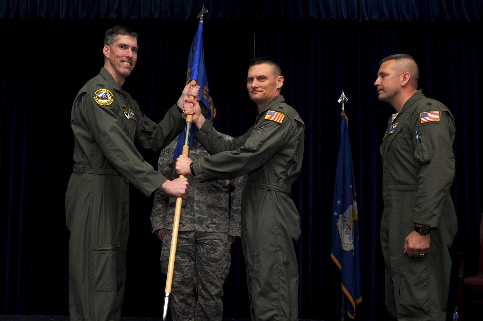 Lt. Col. Kevin Schiller, incoming 39th Expeditionary Operations Group commander, receives command of the 39th EOG during a change-of-command ceremony Feb. 15, 2013, at Incirlik Air Base, Turkey. Col. Chris Craige, 39th Air Base Wing commander, was the presiding officer for the ceremony. (U.S. Air Force photo by Senior Airman Daniel Phelps/Released))