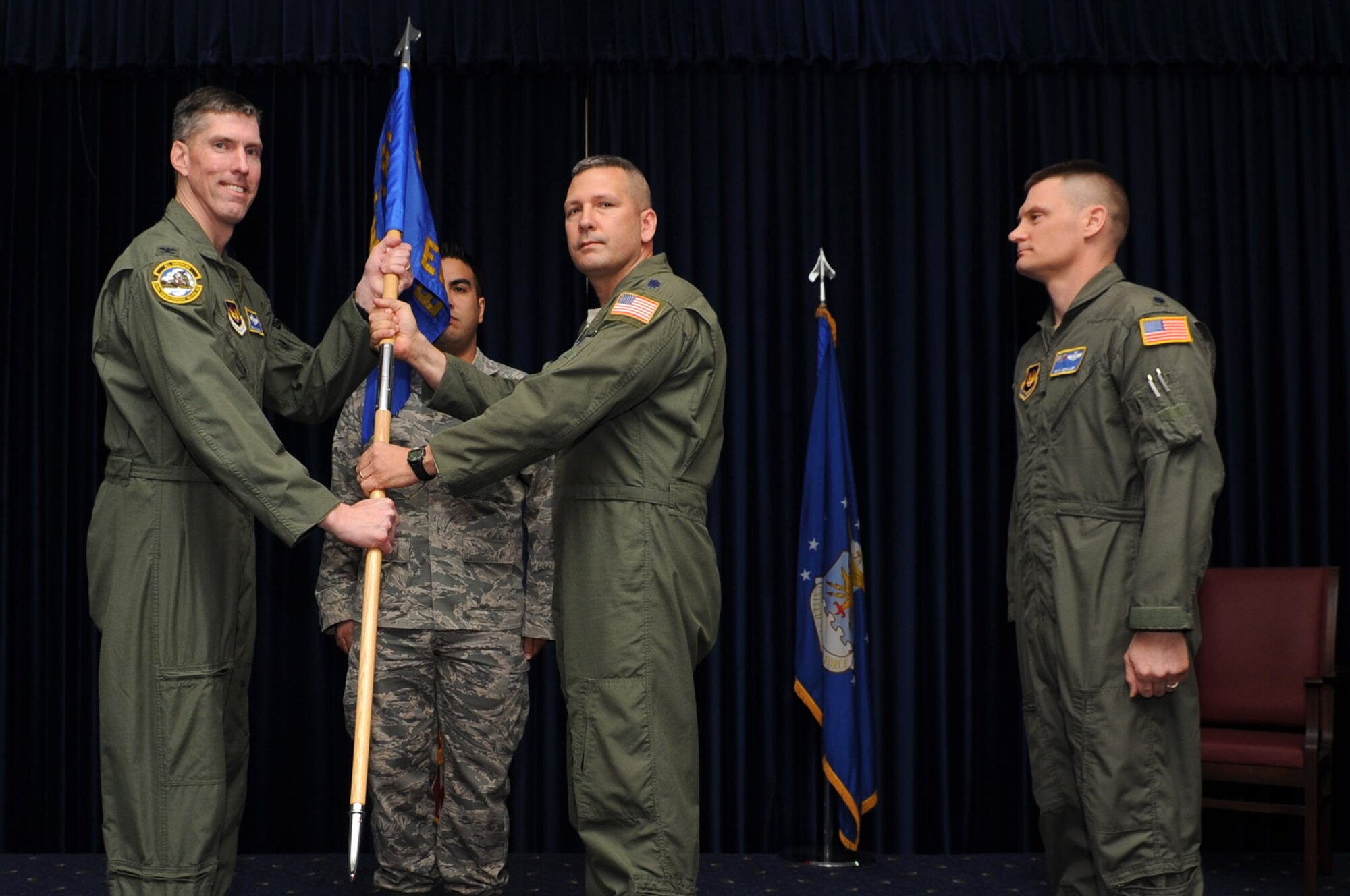 Lt. Col. Mark Hersant, outgoing 39th Expeditionary Operations Group commander, relinquishes command of the 39th EOG during a change-of-command ceremony Feb. 15, 2013, at Incirlik Air Base, Turkey. Col. Chris Craige, 39th Air Base Wing commander, was the presiding officer for the ceremony. (U.S. Air Force photo by Senior Airman Daniel Phelps/Released)