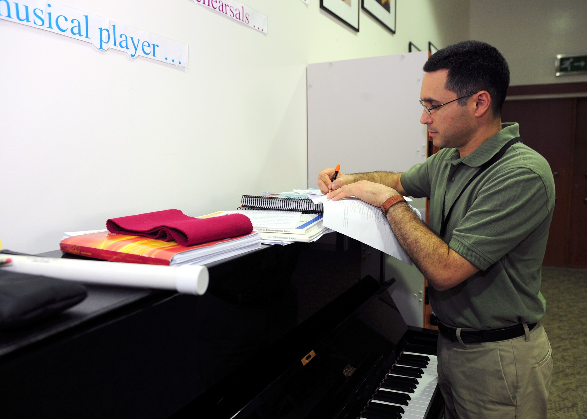 SOUTHWEST ASIA – 1st Lt. Rafael Toro Quinones, Air Force Central Command Band officer in charge, prepares to teach a local school’s music class Feb. 6. The school has a long standing relationship with the band, and asked Toro Quinones to provide a different musical perspective for the students. (U.S. Air Force photo/Master Sgt. Brendan Kavanaugh)