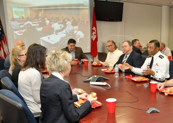 Lt. Gen. Thomas Bostick, commanding general of the U.S. Army Corps of Engineers, speaks with Los Angeles District team members at the Arizona/Nevada Area Office during a lunch meeting held in the office Feb. 15. Bostick took time to answer questions from team members and give his vision for the direction of the Corps and how it relates to the local office.