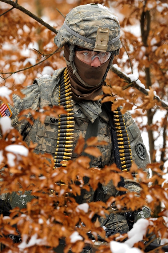 U.S. Army Pfc. Dylan Simpson conducts a dismounted patrol during squad training at the Grafenwoehr Training Area, Germany, Feb. 12, 2013. Simpson is assigned to the 3rd Squadron, 2nd Cavalry Regiment.
