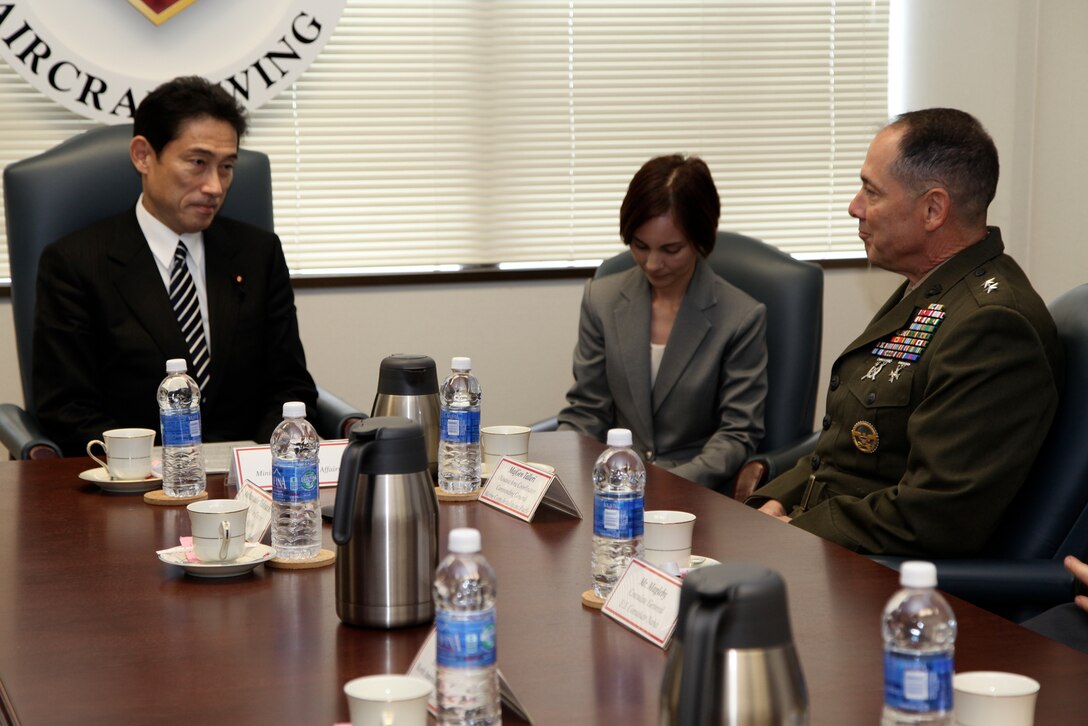 Fumio Kishida conducts a courtesy call with Maj. Gen. Peter J. Talleri Feb. 16. The meeting included Talleri, Mr. Al Magleby, U.S. Consul General and other members of MCIPAC, U.S. Forces Japan Okinawa Area Field Office and Ministry of Foreign Affairs as part of Kishida's first visit to Okinawa since assuming his new position. Talleri is the commanding general of MCIPAC and acting Okinawa Area Coordinator. Kishida is the Minister for Foreign Affairs of the Government of Japan.