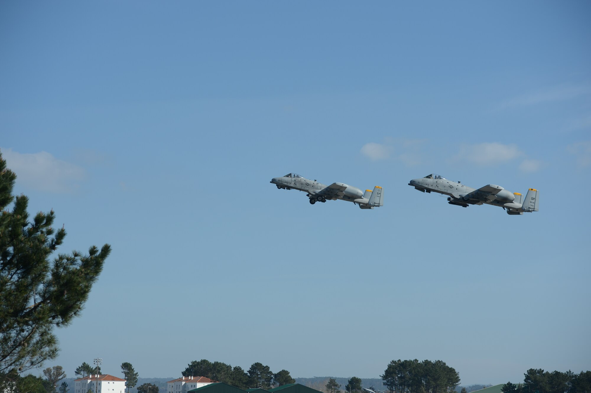 MONTE REAL, Portugal – Two A-10 Thunderbolt II aircraft from the 81st Fighter Squadron take off from Monte Real, Portugal, Feb. 14, 2013. The A-10’s are participating in a simulated scenario with complex, realistic situations that provide training for multinational, joint theater operations. (U.S. Air Force photo by Staff Sgt. Nathanael Callon/Released)