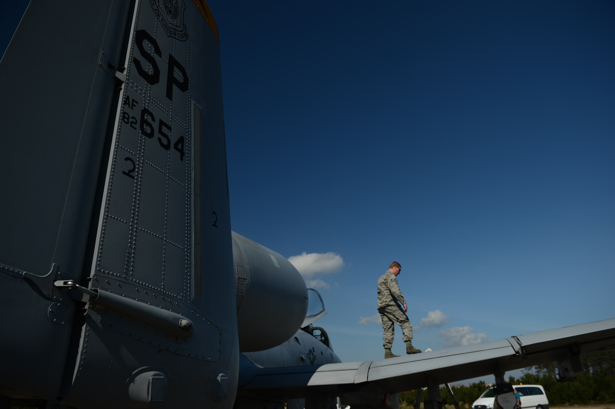 MONTE REAL, Portugal – U.S. Air Force Staff Sgt. Steve Vaughn, 81st Aircraft Maintenance Unit jet engine mechanic from Chattanooga, Tenn., walks on the wing of an A-10 Thunderbolt II aircraft during a pre-flight inspection in Monte Real, Portugal, Feb. 14, 2013. The 81st is participating in REAL THAW, a Portuguese military exercise that seeks to provide a realistic operating environment that accurately reflects current theaters of operation, provide adequate training to multinational participants while coordinating joint operations assets on land, air and sea, and improve interoperability between allied forces. (U.S. Air Force photo by Staff Sgt. Nathanael Callon/Released)