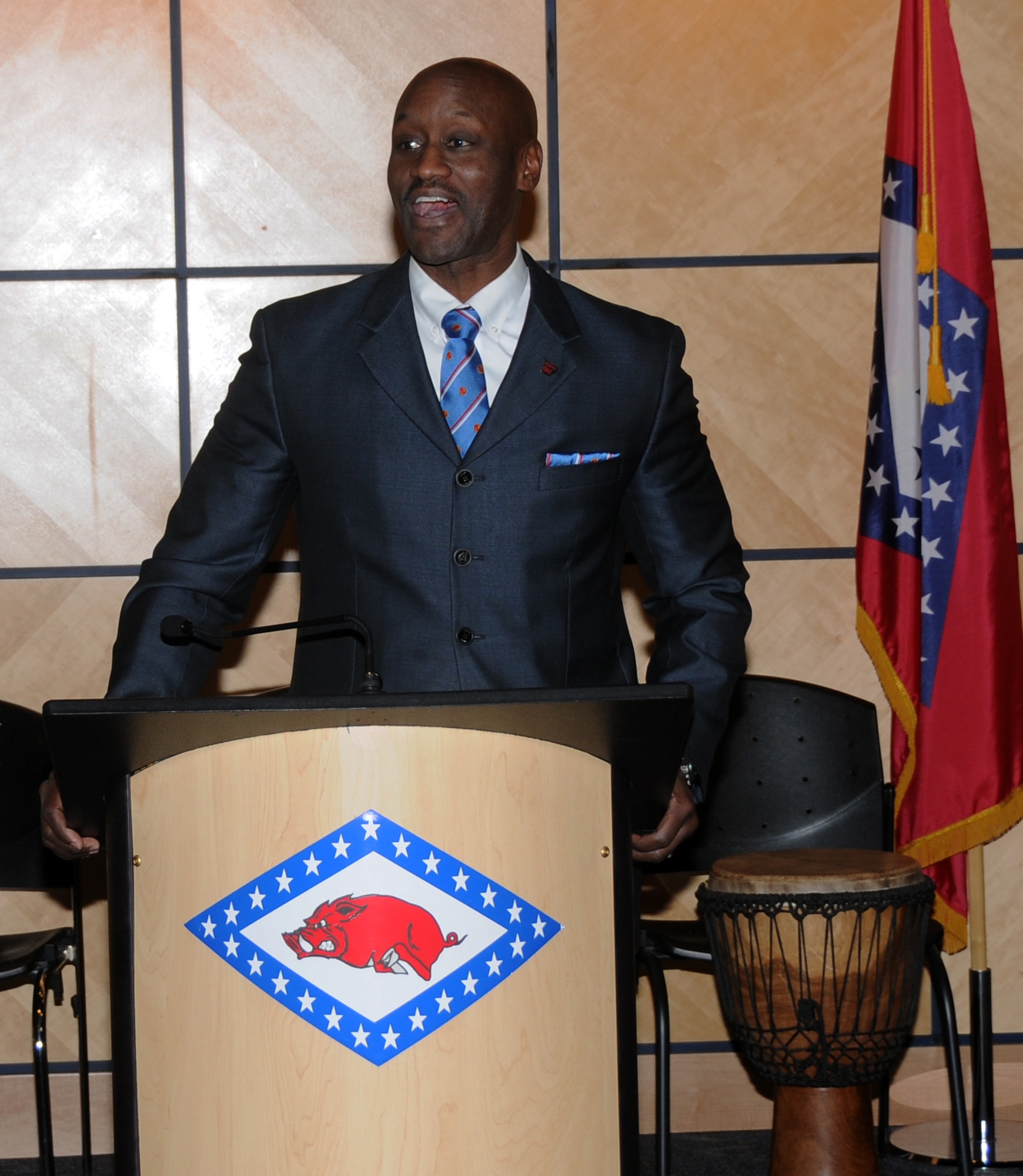 Dr. Charles F. Robinson II delivers a speech during a Black History Month celebration held at the 188th Fighter Wing’s Hugh B. Correll Headquarters building Feb. 3. Robinson, the event’s keynote speaker, has been a University of Arkansas professor for more than 20 years, publishing four books and earning the Fulbright College Master Teacher Award, the Arkansas Alumni Distinguished Teacher Award and the Student Alumni Board Teacher of the Year Award. (National Guard photo by Airman 1st Class Cody Martin/188th Fighter Wing Public Affairs)

