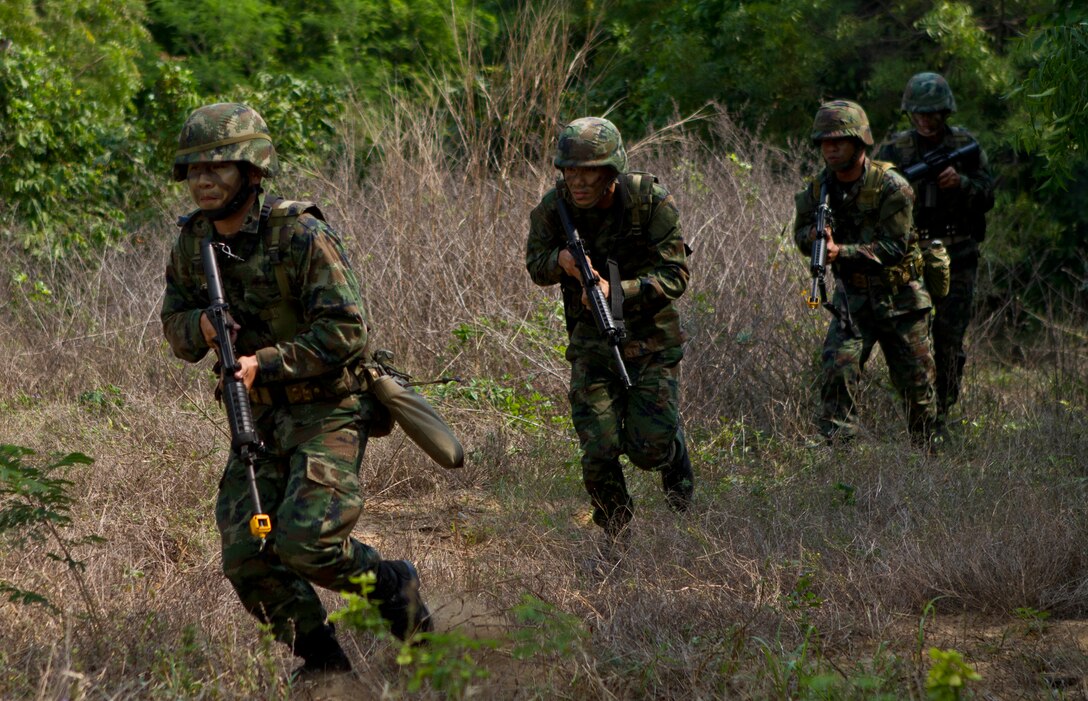 Royal Thai Marines with 3rd Battalion, 1st Marine Division, Royal Thai Marine Corps, maneuver through the jungle during a bilateral helicopter raid as part of exercise Cobra Gold 2013 here, Feb. 16. Cobra Gold is an annual exercise that includes numerous multilateral events ranging from amphibious assaults to non-combatant evacuation operations. The training aims to improve interoperability between the United States, the Kingdom of Thailand, and many other participating countries. The 31st MEU is the only continuously forward-deployed MEU and is the Marine Corps’ force in readiness in the Asia-Pacific region.