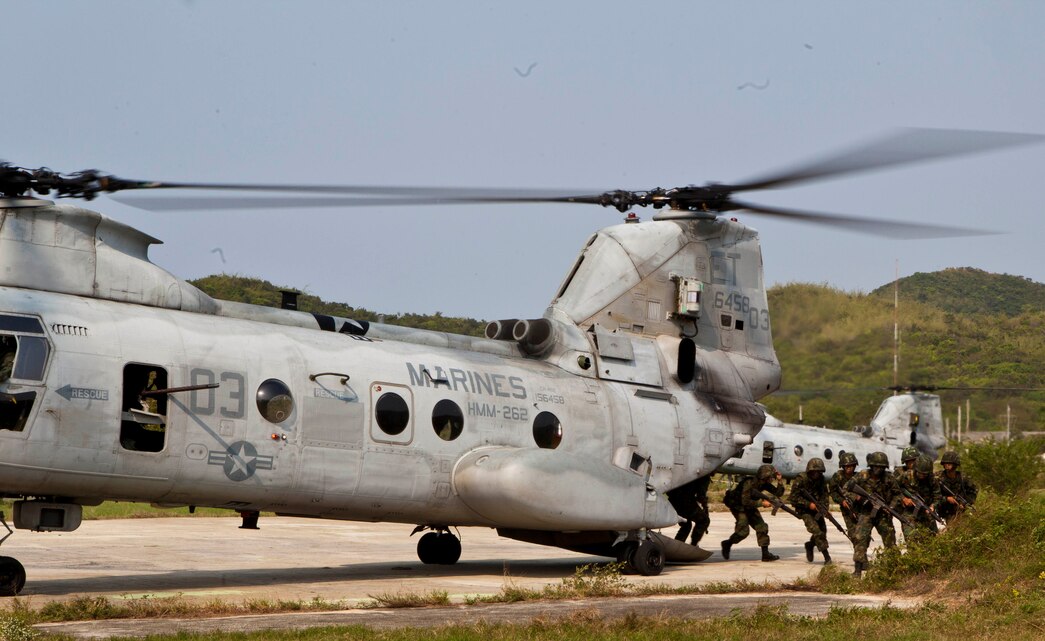 Royal Thai Marines with 3rd Battalion, 1st Marine Division, Royal Thai Marine Corps, exit a CH-46E Sea Knight during a bilateral helicopter raid as part of exercise Cobra Gold 2013 here, Feb. 16. Cobra Gold is an annual exercise that includes numerous multilateral events ranging from amphibious assaults to non-combatant evacuation operations. The training aims to improve interoperability between the United States, the Kingdom of Thailand, and many other participating countries. The 31st MEU is the only continuously forward-deployed MEU and is the Marine Corps’ force in readiness in the Asia-Pacific region.