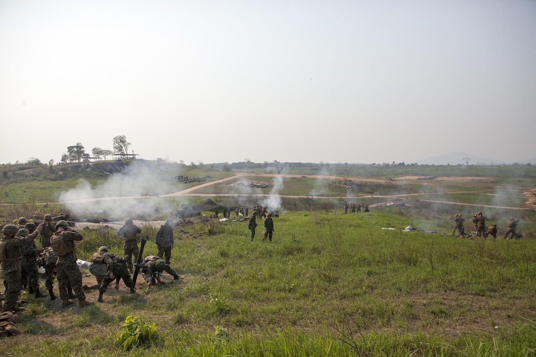 Royal Thai and U.S. Marines conduct live-fire mortar weapons training missions Feb. 12 during the Cobra Gold 2013 field training exercises in Ban Chan Krem, Kingdom of Thailand. CG 13 is the largest multinational exercise in the Asia-Pacific region and provides all participating nations an opportunity to maintain relationships and enhance interoperability. During the FTX, Royal Thai Marines from 3rd Battalion, 1st Infantry, fired mortars alongside U.S. Marines with Weapons Company, 1st Battalion, 3rd Marine Regiment. The battalion is attached to 4th Marines, 3rd Marine Division, III Marine Expeditionary Force, as part of the Marine Corps unit deployment program.