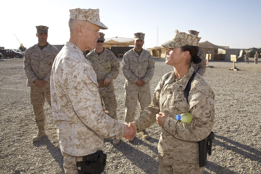 The 35th commandant of the Marine Corps, General James F. Amos, visits Marines during a tour of Camp Leatherneck, Helmand Province, Afghanistan, Feb. 9, 2013. (U.S. Marine Corps photo by Sgt. Mallory S. VanderSchans)(RELEASED)
