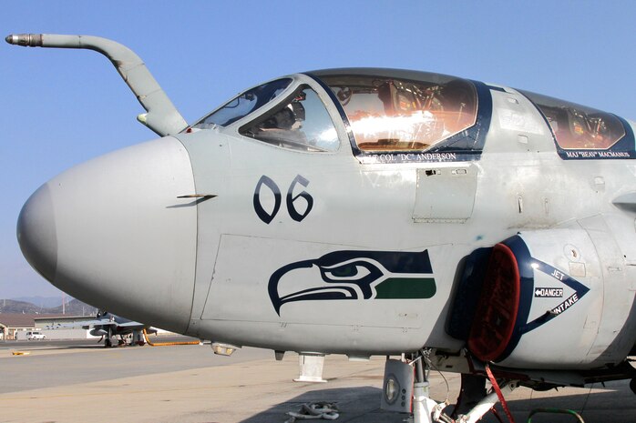 A Marine Tactical Electronic Warfare Squadron 4 EA-6B prowler sits on the flightline here, Feb. 11, 2013. VMAQ-4 is one of only four squadrons in the Marine Corps to use the prowler aircraft.