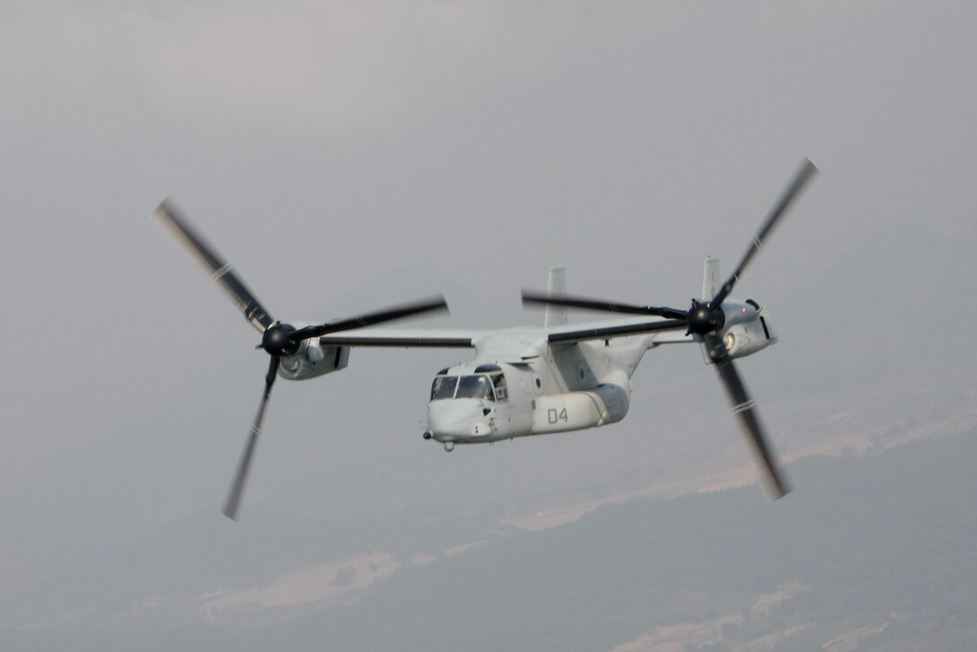 A U.S. Marine Corps MV-22B Osprey flies to Utapao, Kingdom of Thailand, Feb. 14 en route to conduct a flyby during an amphibious assault demonstration part of exercise Cobra Gold 2013. U.S. Marines and sailors from the 31st Marine Expeditionary Unit executed the demonstration alongside Royal Thai Marines. CG 13, in its 32nd iteration, is a multinational exercise that promotes regional prosperity, security and cooperation among partner militaries. The Osprey is assigned to Marine Medium Tiltrotor Squadron 265, Marine Aircraft Group 36, 1st Marine Aircraft Wing, III Marine Expeditionary Force.