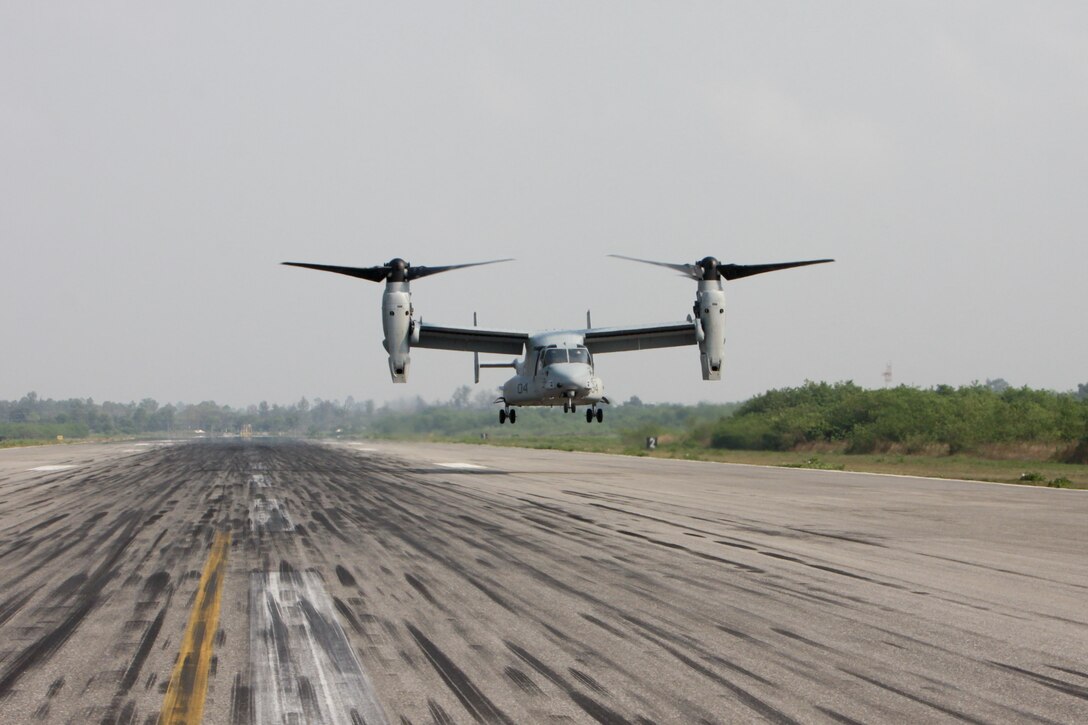 A U.S. Marine Corps MV-22B Osprey flies to Utapao, Kingdom of Thailand, Feb. 14 en route to conduct a flyby during an amphibious assault demonstration part of exercise Cobra Gold 2013. U.S. Marines and sailors from the 31st Marine Expeditionary Unit executed the demonstration alongside Royal Thai Marines. CG 13, in its 32nd iteration, is a multinational exercise that promotes regional prosperity, security and cooperation among partner militaries. The Osprey is assigned to Marine Medium Tiltrotor Squadron 265, Marine Aircraft Group 36, 1st Marine Aircraft Wing, III Marine Expeditionary Force.