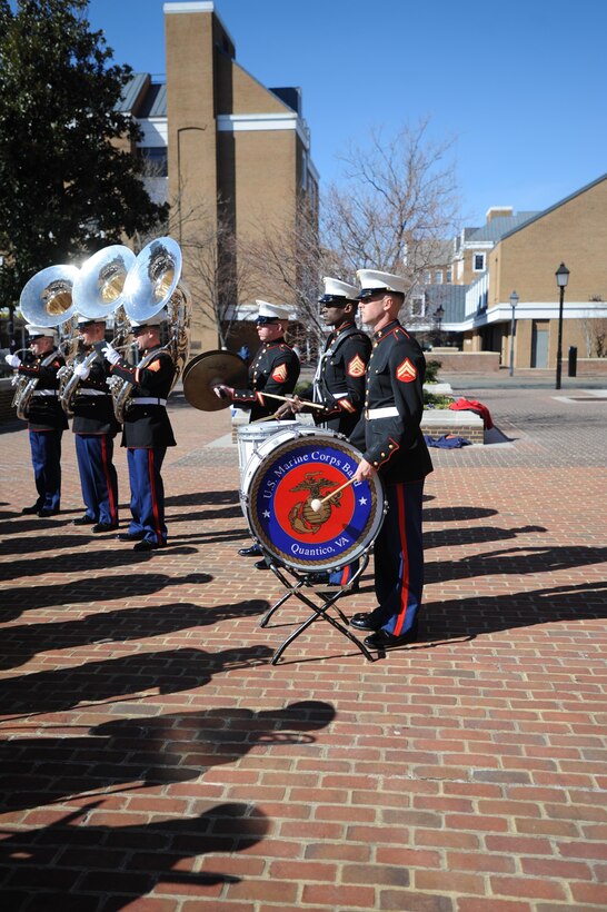Marine Corps Base Quantico band performs during the fifth annual Armed Forces Community Covenant signing at Market Square in Alexandria on Monday. The band performed for representatives from Marine Corps Base Quantico, Fort Belvoir, the Military District of Washington, the Naval Support Activity, local leaders and the public.