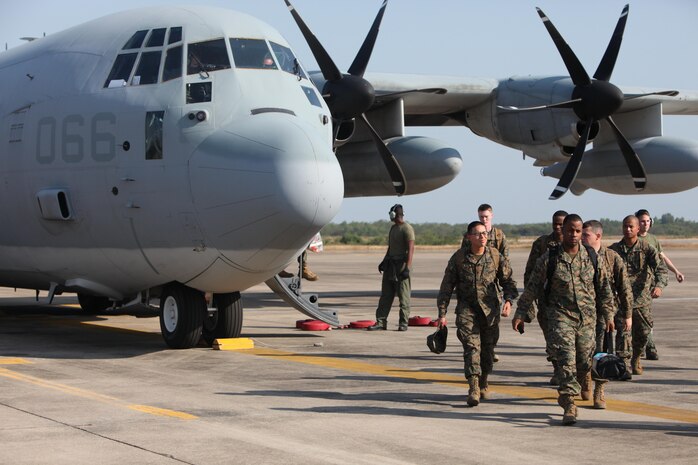 U.S. Marines with III Marine Expeditionary Force, stationed in Okinawa, Japan, disembark a KC-130J assigned to Marine Aerial Refueler Transport Squadron 152, based out of Marine Corps Air Station Futenma, Jan. 18, after arriving at Utaphao Royal Air Station, Kingdom of Thailand for Exercise Cobra Gold 2013 (CG 13). Cobra Gold 13 forces conduct engineering
and medical civic assistance projects, cooperative health engagement, and other civil-military activities in the Kingdom of Thailand in order to promote the security interests of the Kingdom of Thailand, U.S. and partner nations, enhance component operational readiness skills and training objectives and increase interoperability with partner nations.