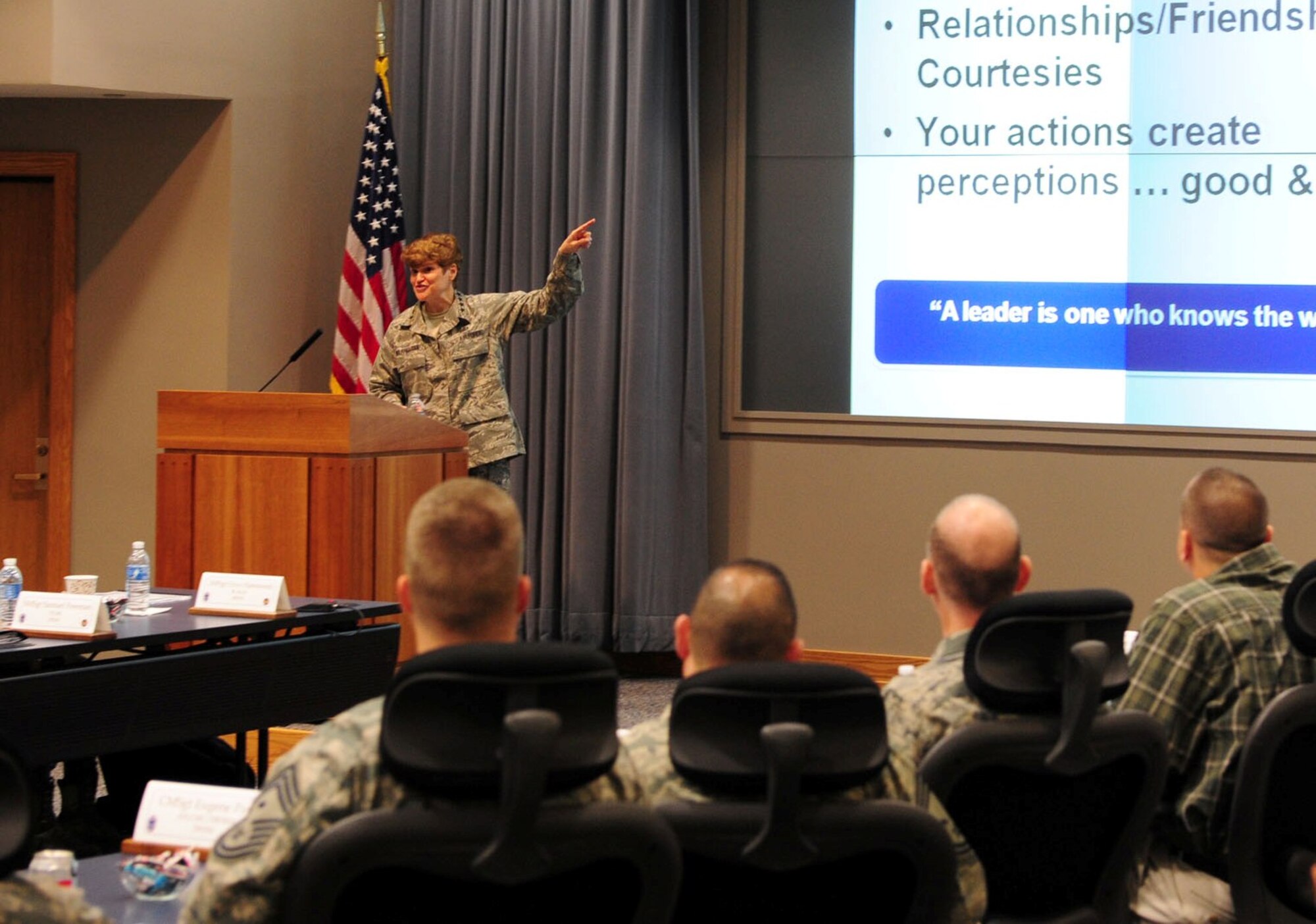 Gen. Janet Wolfenbarger, Air Force Materiel Command commander, presents her Leadership Perspective at the 2013 AFMC Chiefs' Orientation. (U.S. Air Force photo/Airman 1st Class James Jacobs)