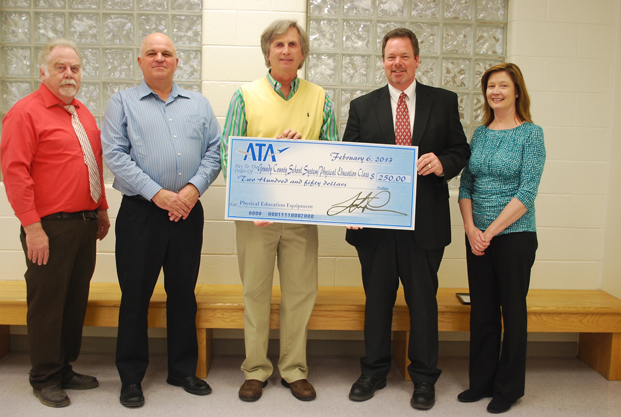 Pictured (left to right):  Grundy County High School Principal Rick Rust; Air Engineering Metal Trades Council President Jimmy D. Nance, CSH Lloyd Carden, ATA Test Support Manager Walt Bishop and ATA Public Affairs Manager Kathy Gattis.
