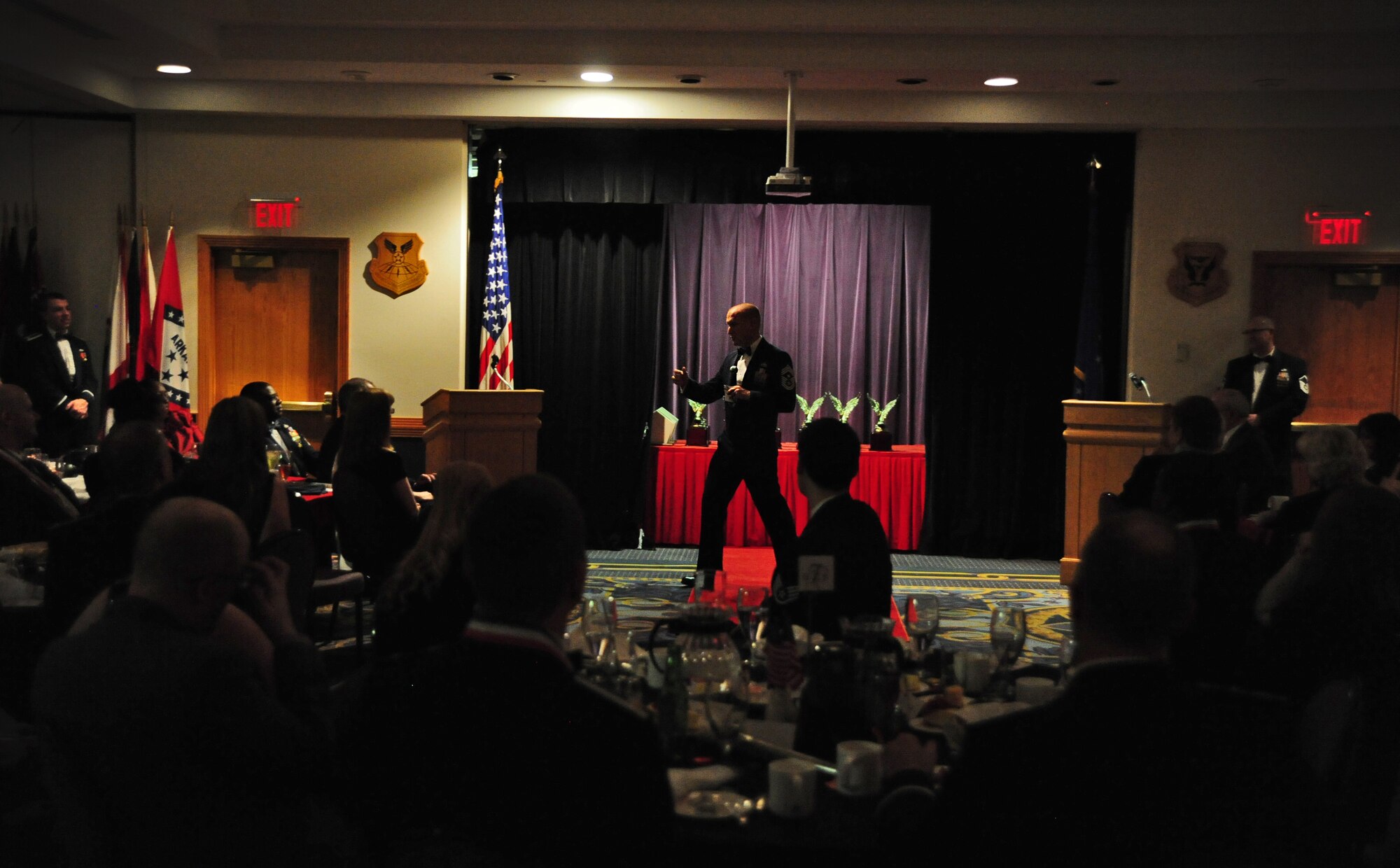 WHITEMAN AIR FORCE BASE, Mo. -- Chief Master Sgt. Brian Hornback, Air Force Global Strike Command command chief, addresses airmen during the 509th Bomb Wing’s 2012 Annual Awards Banquet Feb. 8. During his speech, Hornback addressed his goals for the airmen of Global Strike, highlighting the importance of military and off duty education. (U.S. Air Force photo/Staff Sgt. Nick Wilson) (Released)