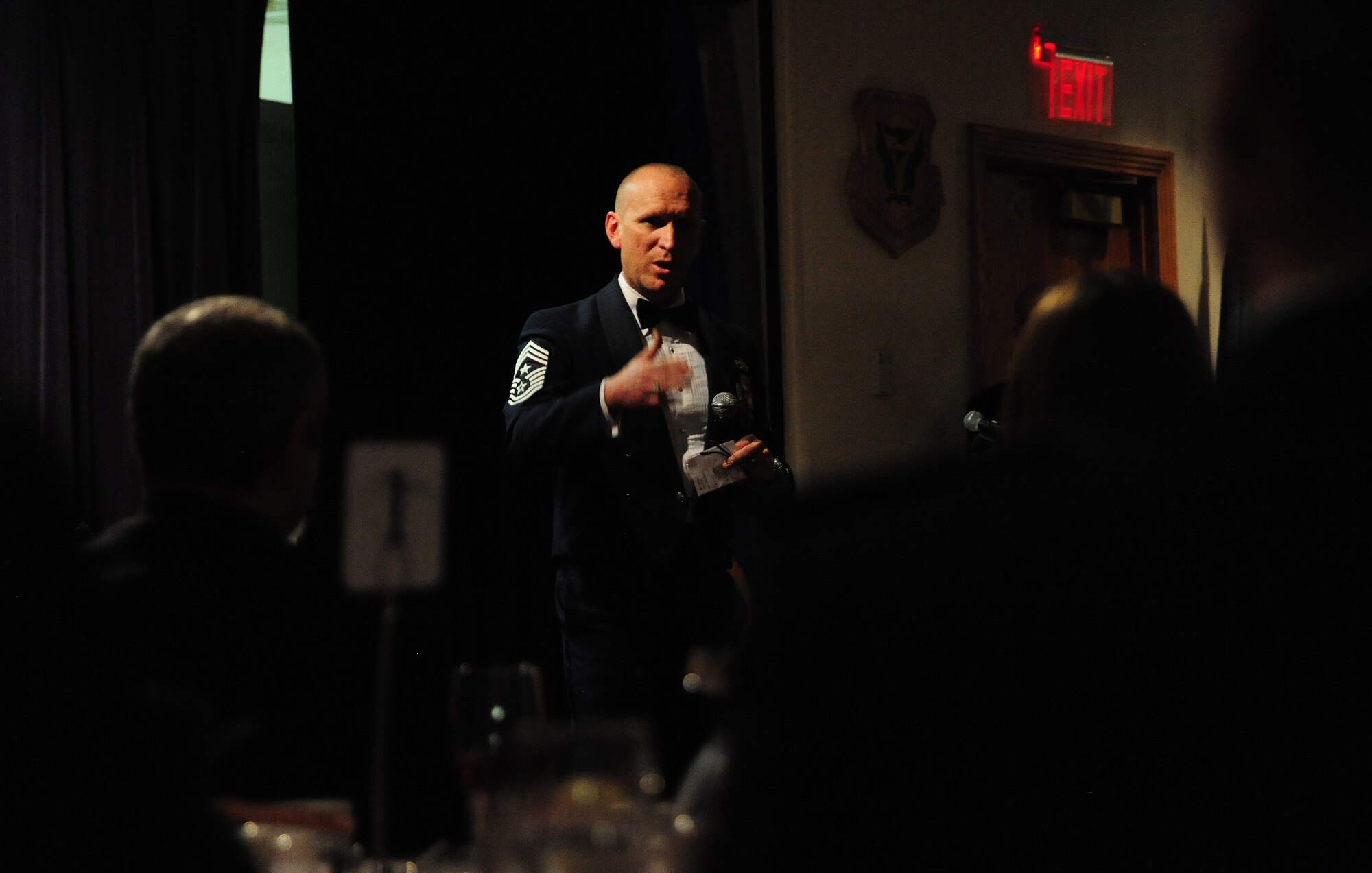 WHITEMAN AIR FORCE BASE, Mo. -- Chief Master Sgt. Brian Hornback, Air Force Global Strike Command command chief, gives a speech during the 509th Bomb Wing’s 2012 Annual Awards Banquet Feb. 8. During his visit, Hornback toured the base and spent time with individuals across the installation, addressing the evolution of the Air Force. (U.S. Air Force photo/Staff Sgt. Nick Wilson) (Released)