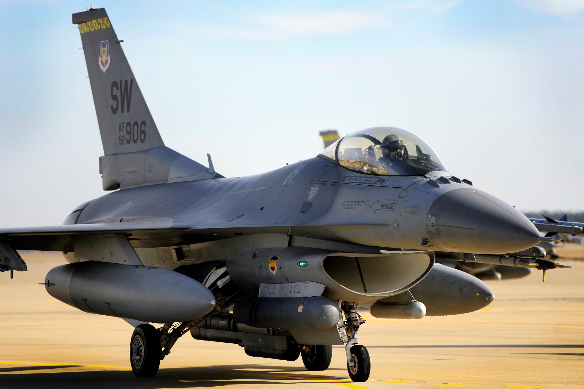 A 79th Fighter Squadron F-16 Fighting Falcon taxis down the runway, Jan. 10, 2013, Shaw Air Force Base, S.C. 79th FS pilots are slated to participate in Red Flag 13-3 at Nellis Air Force Base, Nev. beginning Feb. 21. The training mission, which is scheduled to last about 20 days, is a realistic combat training exercise involving the air forces of the United States and its allies. The exercise is designed to give all involved high level cutting-edge training to sustain and overcome the threats of real-world combat situations. (U.S. Air Force photo by Staff Sgt. Kenny Holston/Released)    