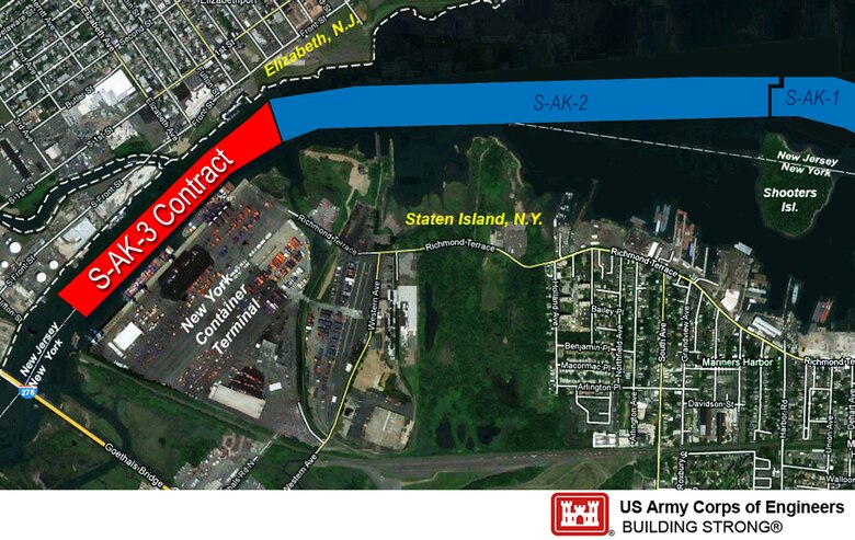 Aerial map depicts the S-AK-3 contract area (in red) in the Arthur Kill Channel between the Borough of Staten Island, NYC and Elizabeth New Jersey. 