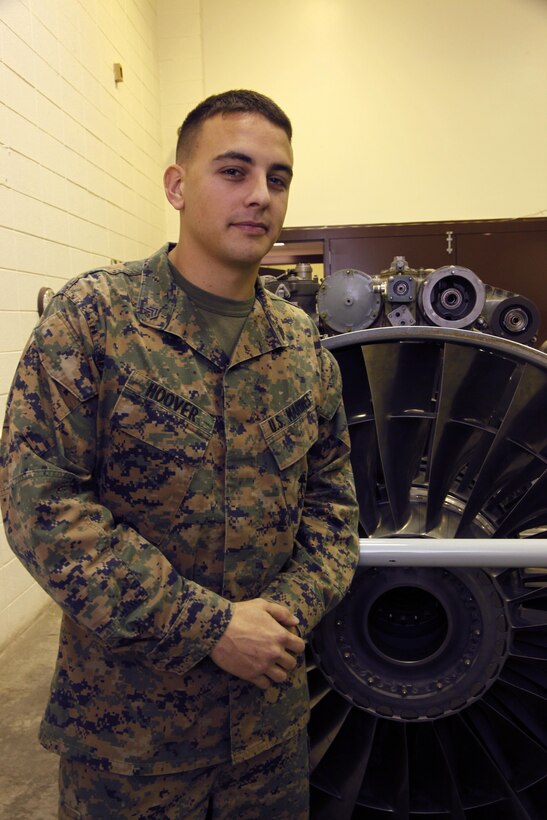 Sgt. Bradley Hoover, a fixed-wing aircraft power plant mechanics instructor with the Center for Naval Aviation Technical Training.