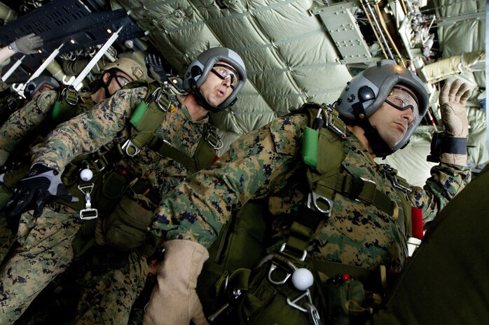 U.S. reconnaissance Marines prepare to jump out of a KC-130J Hercules aircraft while conducting bilateral aerial delivery training during exercise Cobra Gold 2013 near Utapao Royal Thai Navy Air Field, Kingdom of Thailand Feb. 15. The Marines participated in the training to enhance the two nations' combat  readiness and military-to-military cooperation. The U.S. Marines are with 3rd Marine Reconnaissance Battalion, 3rd Marine Division, III Marine Expeditionary Force.