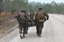 Marines and sailors with 2nd Supply Battalion, Combat Logistics Regiment 25, 2nd Marine Logistics Group evacuate a simulated casualty after an ambush, which took place as part of a training exercise aboard Camp Lejeune, N.C., Feb. 7, 2013. The battalion prepared for the upcoming Rolling Thunder with numerous training scenarios such as ambushes, roadside bomb attacks and casualty evacuations designed to test the unit’s effectiveness in combat.