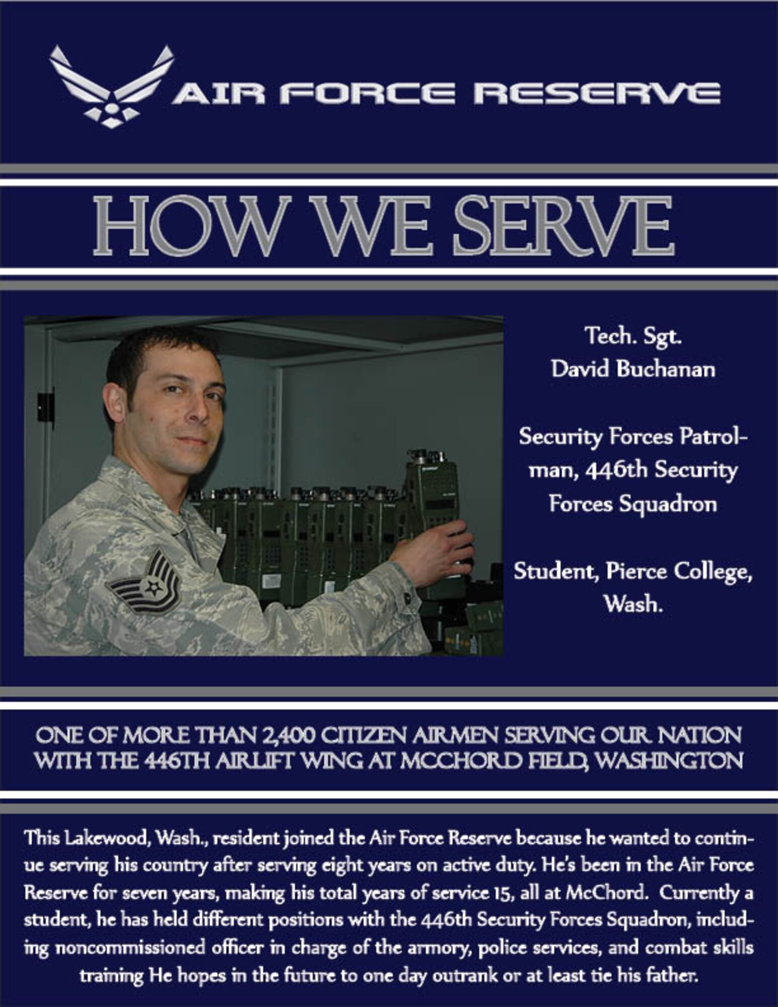 One of more than 2,400 Citizen Airmen serving our nation with the 446th Airlift Wing at McChord Field, Wash. (U.S. Air Force Graphic by Airman 1st Class Madelyn McCullough/U.S. Air Force Photo by Sandra Pishner)