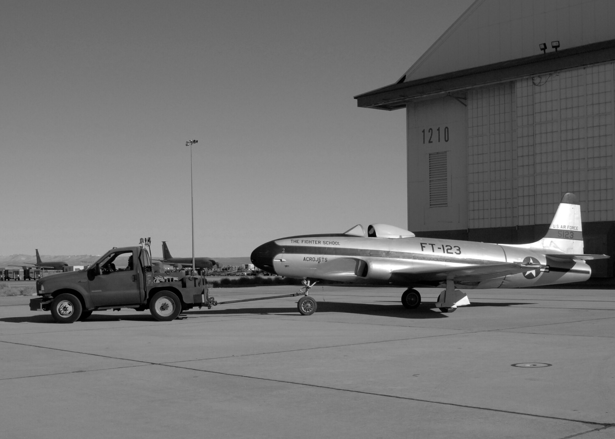 The P-80 Shooting Star departs Hangar 1210 for its new home in Hangar 1864. (U.S. Air Force Photo by Laura Mowry)