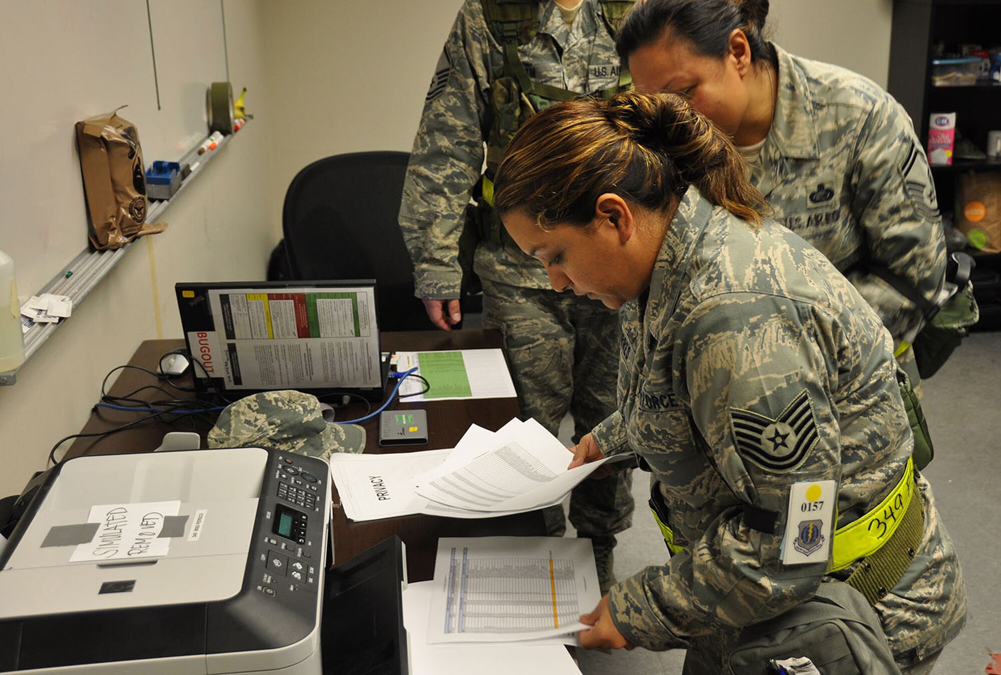 Members of the 349th Air Mobility Wing and 60th AMW worked together during an Operational Readiness Inspection during the week of February 4, at the Combat Readiness Training Center in Gulfport, Miss. ORI's are intended to test Airmen on their ability to deploy at a moments notice and be fully capable of establising and maintaining a base under various threat conditions while in chemical warfare mission oriented protective equipment. (U.S. Air Force photo)