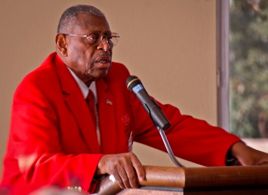 Chief Master Sgt. (ret.) Walter Richardson addresses the audience at Eglin's annual National Prayer Breakfast Feb. 20. The Tuskegee Airman spoke about succeeding in the military with faith as documented in his memoir of 30 years in service. (U.S. Air Force photo/Chrissy Cuttita)