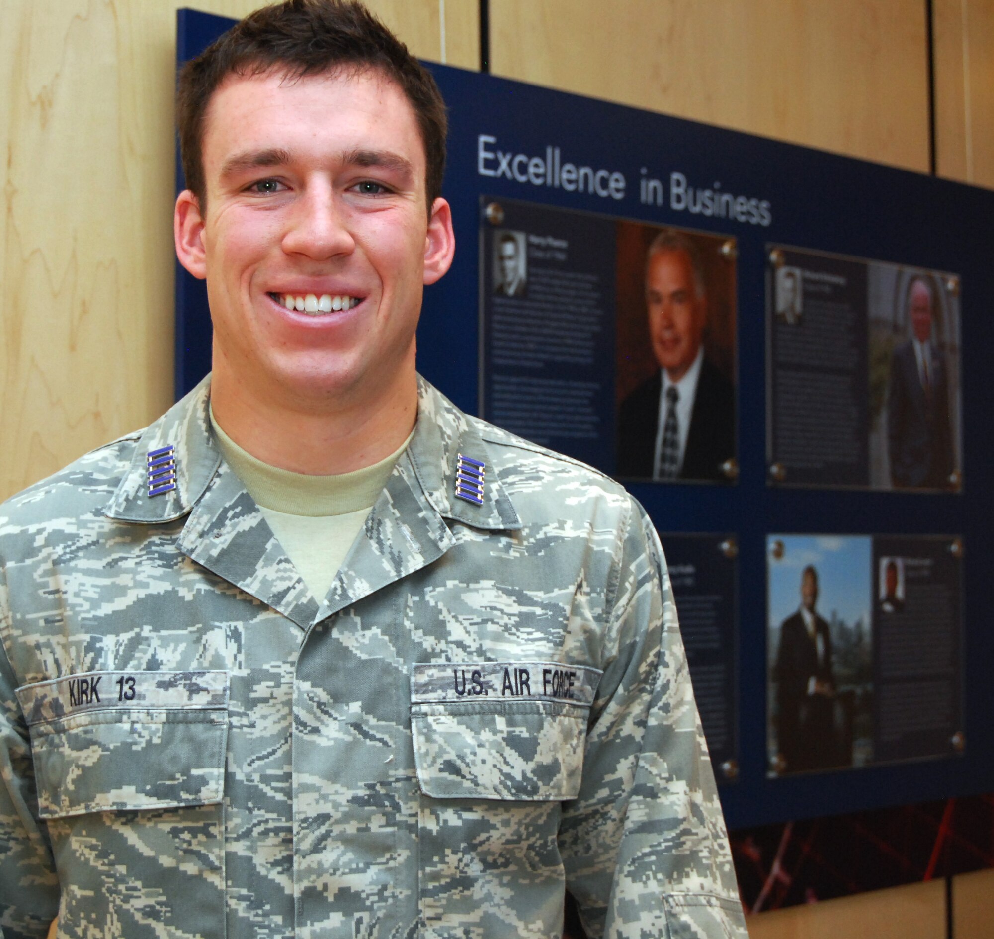 Cadet 1st Class Chris Kirk developed a method that would let the Air Force purchase Advanced Medium-Range Air-to-Air Missiles and extended range Joint Air-to-Surface Standoff Missiles at significantly lower prices, saving more than $4 billion over five years. Kirk is a management major and native of Burlington, Iowa. (U.S. Air Force photo/Don Branum)