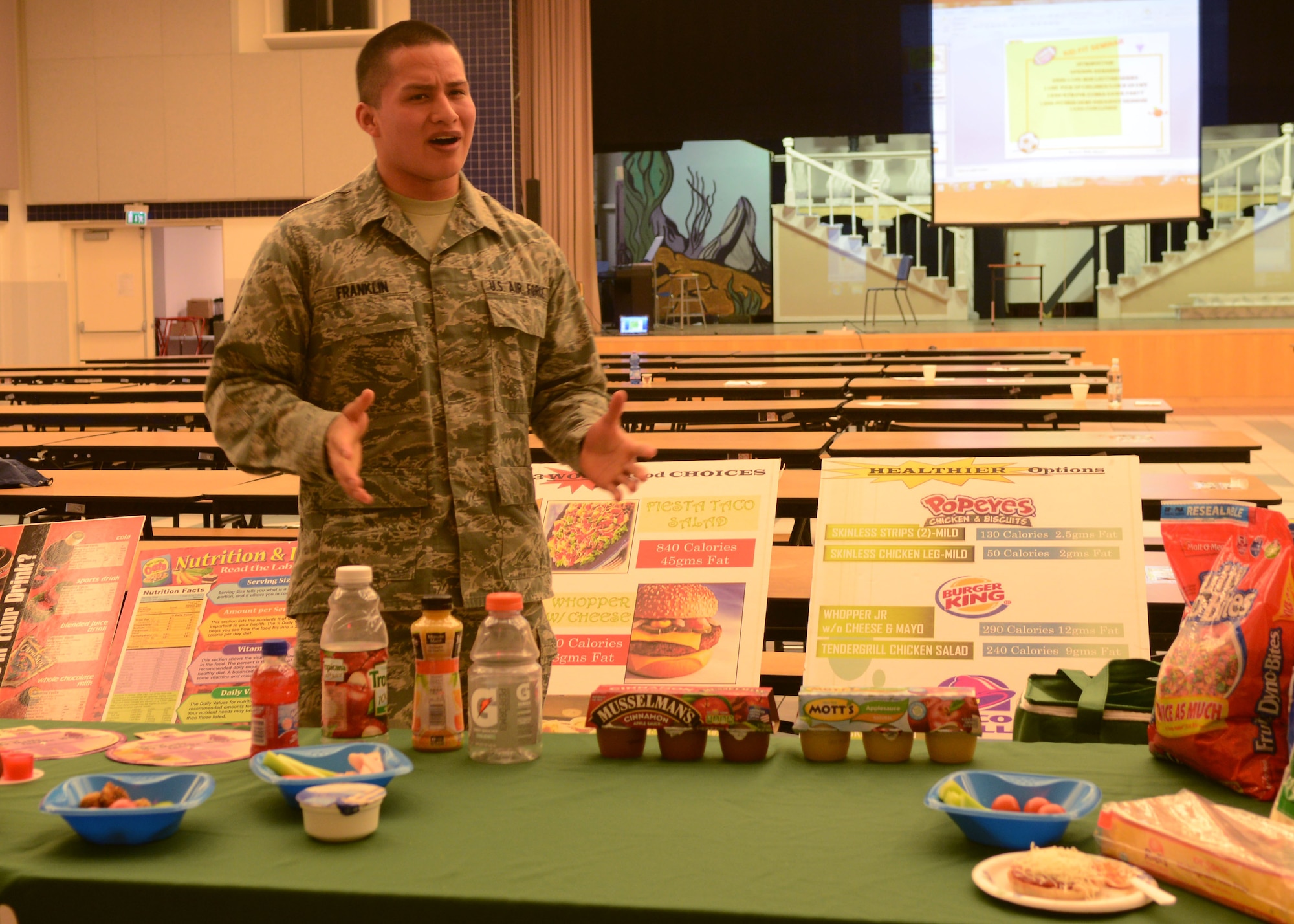 Senior Airman Lane Franklin, 31st Aerospace Medicine Sqaudron diet therapy technician, explains the different ways to make helathier lunches for their kids Jan. 24 at Aviano Air Base, Italy. The seminar included educational briefings to parents on a variety of health issues effecting children today. (U.S. Air Force photo/Airman 1st Class Briana Jones)