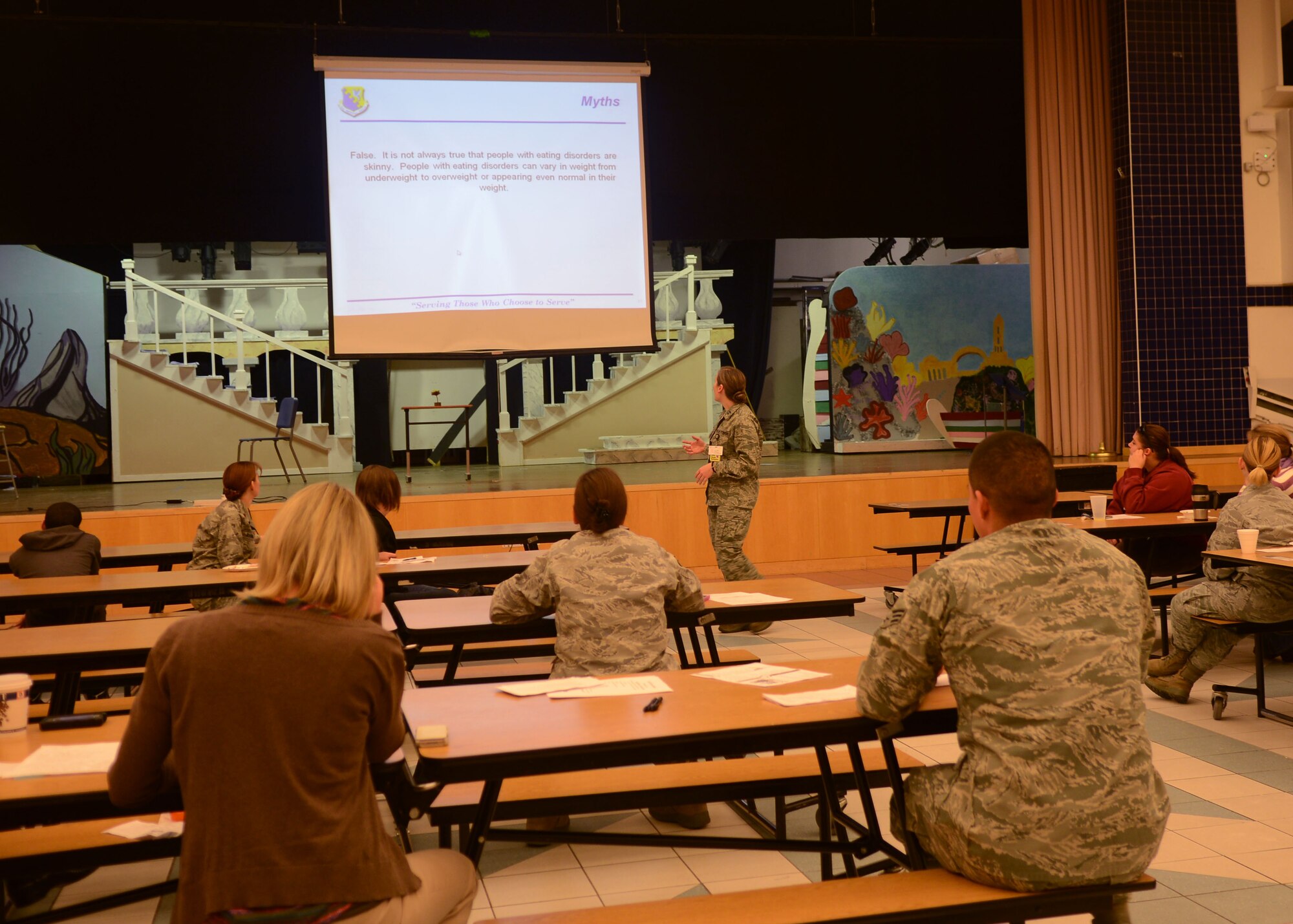 Capt. Natalie Giampolo, 31st Aerospace Medicine Squadron physician assistant, talks to parents about the myths of eating disorders Jan. 24 at Aviano Air Base, Italy. Airmen from different shops under the 31st Medical Group informed parents on the different health issues facing children today. (U.S. Air Force photo/Airman 1st Class Briana Jones)