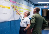 Robert Wade, 47th Maintenance Directorate chief of data management and Air Force Smart Operations for the 21st Century program facilitator, explains the team’s wall diagram detailing the current status of T-38 maintenance procedures to Col. Tom Murphy, 47th Flying Training Wing commander during an AFSO 21 meeting at Laughlin Air Force Base, Texas, Feb. 6, 2013. AFSO 21 is a multi-step continuous process improvement system developed to review the processes used by organizations for waste and unproductive procedures. The tool was used to review how the T-38 is maintained at Laughlin from start to finish with new inspection guidelines added that risked impacting Laughlin’s mission of training world class pilots. (U.S. Air Force photo/Senior Airman Nathan Maysonet)