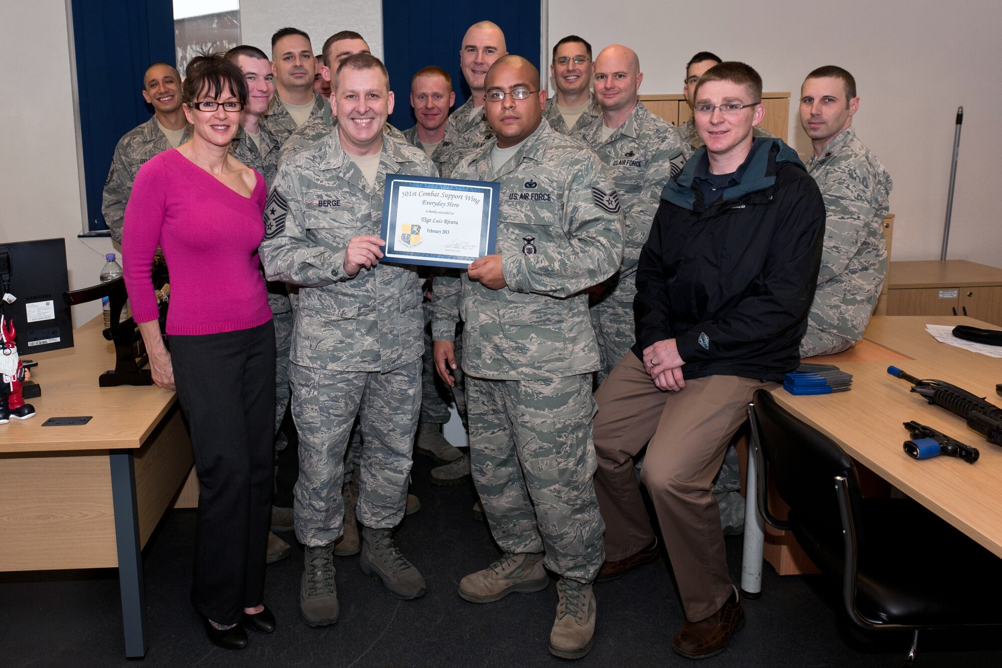 RAF ALCONBURY, United Kingdom - Tech. Sgt. Luis Rivera, 423rd Security Forces Squadron standardization and evaluation NCOIC, was named the February 501st Everyday Hero from the 423rd Air Base Group. He created one of the most realistic active shooter scenario’s to-date, which identified areas for improvement and set a baseline for the creation of the school’s emergency action plan. The exercise also attested to the unit’s ability to eliminate an existent threat. (U.S. Air Force photo by Staff Sgt. Brian Stives)