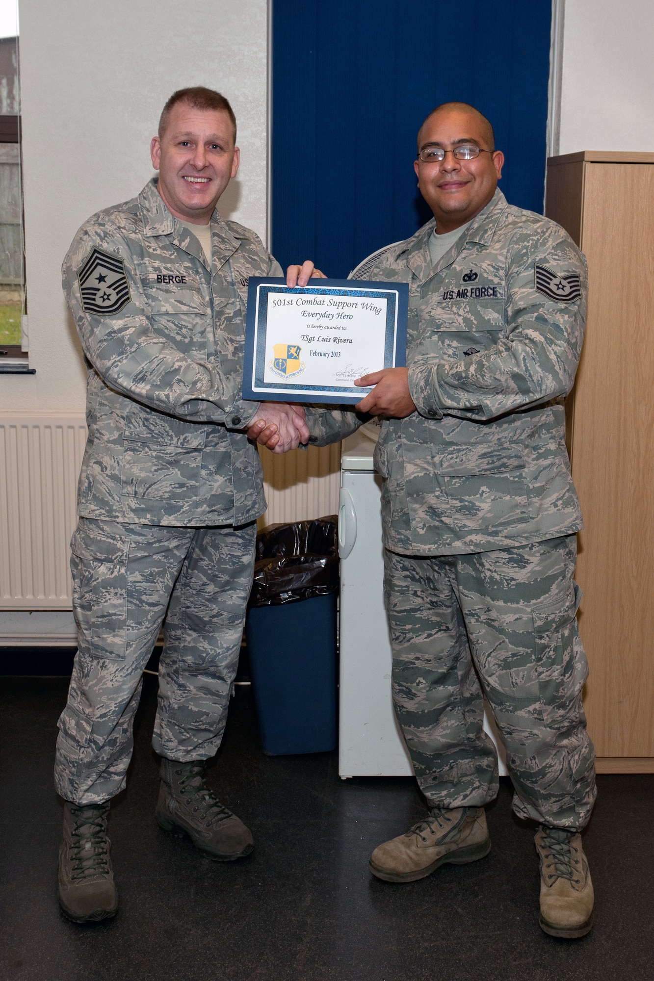 RAF ALCONBURY, United Kingdom - Tech. Sgt. Luis Rivera, 423rd Security Forces Squadron standardization and evaluation NCOIC, was named the February 501st Everyday Hero from the 423rd Air Base Group. He created one of the most realistic active shooter scenario’s to-date, which identified areas for improvement and set a baseline for the creation of the school’s emergency action plan. The exercise also attested to the unit’s ability to eliminate an existent threat. (U.S. Air Force photo by Staff Sgt. Brian Stives)
