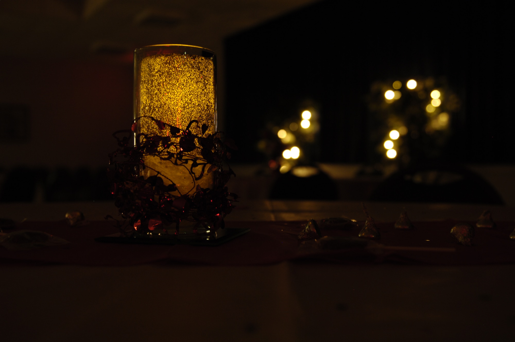 Decorations sit on the tables in the Langley Community Center at Langley Air Force Base Va., Feb. 16, 2013. Airmen Committed to Excellence members decorated the room for the Valentine’s party held for all junior enlisted Airmen at Langley. (U.S. Air Force photo by Airman Kimberly Nagle/Released)