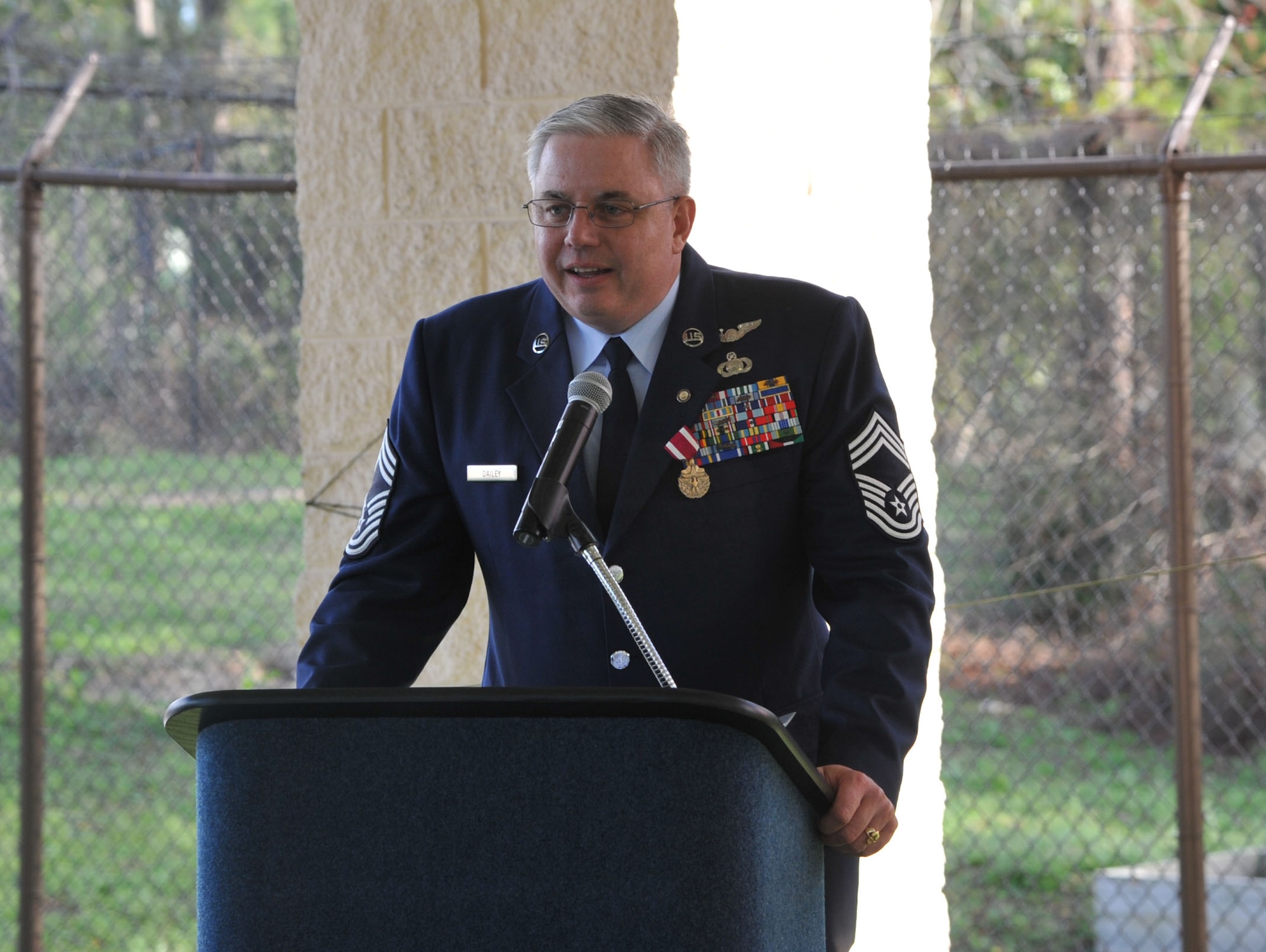 Chief Master Sgt. Francis Dailey II, superintendent of 361st Intelligence, Surveillance and Reconnaissance Group, speaks to those in attendance of his retirement ceremony at the Special Tactics Training Squadron on Hurlburt Field, Fla, Feb. 14, 2013. Dailey served four his first four years of enlistment as a defensive aerial gunner on the B-52 Stratofortress before the career field was retired in 1991. (U.S. Air Force photo/Senior Airman Desiree Moye)