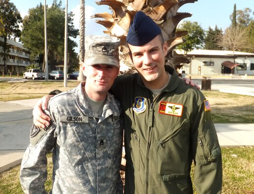 U.S. Army Staff Sgt. Stephen Gilson (left) and U.S. Air Force Tech Sgt. Sean Gilson are both currently deployed to Turkey in support of NATO operations including the Patriot mission. The brothers were recently able to spend a short time together before Stephen moved on to Gaziantep, Turkey. Stephen’s unit, the 3rd Battalion, 2nd Air Defense Artillery unit from Fort Sill, Okla., is manning Patriot missile sites throughout Turkey. Sean is deployed from the 465th Air Refueling Squadron in Tinker, Okla. (U.S. Air Force photo by Staff Sgt. Marissa Tucker/Released)
