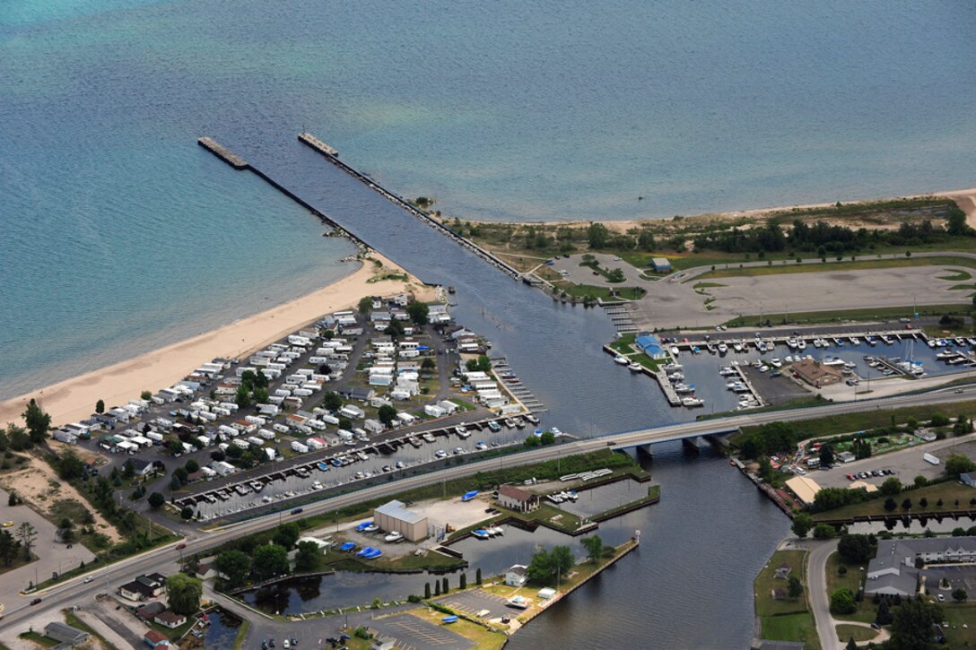 An aerial view of Au Sable Harbor, Mich.